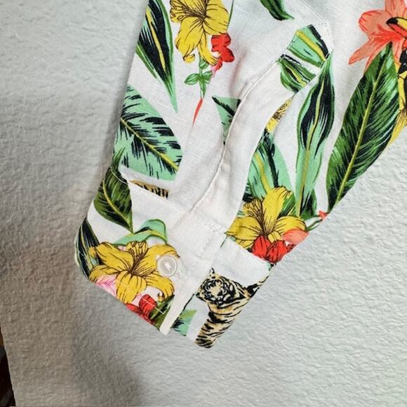 Luxury Linen Charter Club Sz Med Tropical Jungle Print Button Front Roll Sleeve - Picture 5 of 16